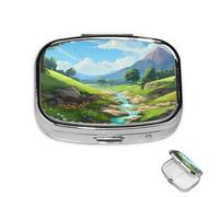 Pill Box Small Medicine Organizer with 2 Compartments Cartoon Landscape Pill Case for Pocket or Purse Mini Metal Pill Holder Portable Travel Pill Container to Hold Supplements Vitamins