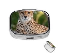 Pill Box Small Medicine Organizer with 2 Compartments Cheetah Sitting Pill Case for Pocket or Purse Mini Metal Pill Holder Portable Travel Pill Container to Hold Supplements Vitamins