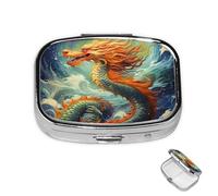 Pill Box Small Medicine Organizer with 2 Compartments Chinese Dragon Oil Painting Pill Case for Pocket or Purse Mini Metal Pill Holder Portable Travel Pill Container to Hold Supplements Vitamins