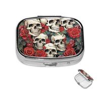 Pill Box Small Medicine Organizer with 2 Compartments Cool Skull Head and Roses Pill Case for Pocket or Purse Mini Metal Pill Holder Portable Travel Pill Container to Hold Supplements Vitamins