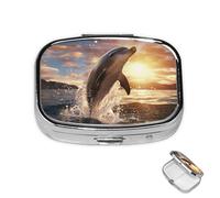 Pill Box Small Medicine Organizer with 2 Compartments Dolphin Jumping in The Sea Pill Case for Pocket or Purse Mini Metal Pill Holder Portable Travel Pill Container to Hold Supplements Vitamins