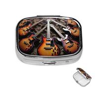 Pill Box Small Medicine Organizer with 2 Compartments Electric Guitar Music Pill Case for Pocket or Purse Mini Metal Pill Holder Portable Travel Pill Container to Hold Supplements Vitamins
