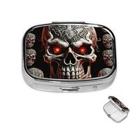 Pill Box Small Medicine Organizer with 2 Compartments Evil Skull Pill Case for Pocket or Purse Mini Metal Pill Holder Portable Travel Pill Container to Hold Supplements Vitamins