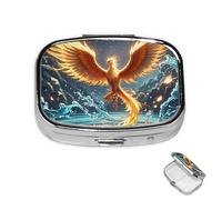 Pill Box Small Medicine Organizer with 2 Compartments Fire and Water Phoenix Pill Case for Pocket or Purse Mini Metal Pill Holder Portable Travel Pill Container to Hold Supplements Vitamins