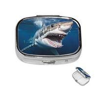 Pill Box Small Medicine Organizer with 2 Compartments Great White Shark Opens Mouth Pill Case for Pocket or Purse Mini Metal Pill Holder Portable Travel Pill Container to Hold Supplements Vitamins