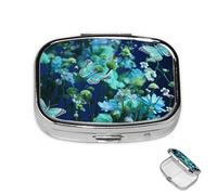 Pill Box Small Medicine Organizer with 2 Compartments Green Butterfly and Blue Flowers Pill Case for Pocket or Purse Mini Metal Pill Holder Portable Travel Pill Container to Hold Supplements Vitamins