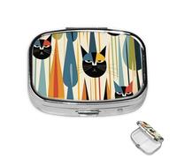 Pill Box Small Medicine Organizer with 2 Compartments Mid-Century Modern Art Cat Pill Case for Pocket or Purse Mini Metal Pill Holder Portable Travel Pill Container to Hold Supplements Vitamins