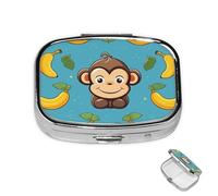 Pill Box Small Medicine Organizer with 2 Compartments Monkey and Banana Pattern Pill Case for Pocket or Purse Mini Metal Pill Holder Portable Travel Pill Container to Hold Supplements Vitamins