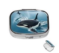Pill Box Small Medicine Organizer with 2 Compartments Orca Killer Whale Pill Case for Pocket or Purse Mini Metal Pill Holder Portable Travel Pill Container to Hold Supplements Vitamins