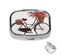 Pill Box Small Medicine Organizer with 2 Compartments Red Bicycle with Flowers Pill Case for Pocket or Purse Mini Metal Pill Holder Portable Travel Pill Container to Hold Supplements Vitamins