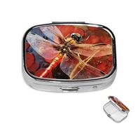 Pill Box Small Medicine Organizer with 2 Compartments Red Dragonfly Pill Case for Pocket or Purse Mini Metal Pill Holder Portable Travel Pill Container to Hold Supplements Vitamins