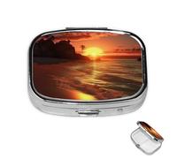 Pill Box Small Medicine Organizer with 2 Compartments Sunset on The Beach Pill Case for Pocket or Purse Mini Metal Pill Holder Portable Travel Pill Container to Hold Supplements Vitamins