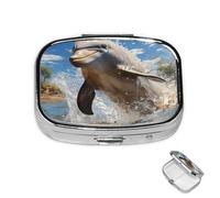 Pill Box Small Medicine Organizer with 2 Compartments There is a Dolphin Jumping Pill Case for Pocket or Purse Mini Metal Pill Holder Portable Travel Pill Container to Hold Supplements Vitamins