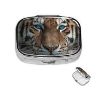 Pill Box Small Medicine Organizer with 2 Compartments Tiger with Teal Eyes Pill Case for Pocket or Purse Mini Metal Pill Holder Portable Travel Pill Container to Hold Supplements Vitamins