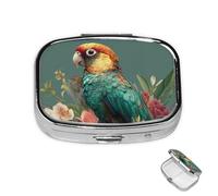 Pill Box Small Medicine Organizer with 2 Compartments Tropical Flower Leaf Parrot Pill Case for Pocket or Purse Mini Metal Pill Holder Portable Travel Pill Container to Hold Supplements Vitamins
