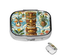 Pill Box Small Medicine Organizer with 2 Compartments Vintage Aloha Tiki Pattern Pill Case for Pocket or Purse Mini Metal Pill Holder Portable Travel Pill Container to Hold Supplements Vitamins