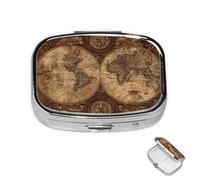 Pill Box Small Medicine Organizer with 2 Compartments Vintage Old World Map Pill Case for Pocket or Purse Mini Metal Pill Holder Portable Travel Pill Container to Hold Supplements Vitamins