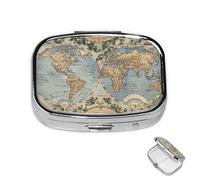 Pill Box Small Medicine Organizer with 2 Compartments Vintage Old World Map Pill Case for Pocket or Purse Mini Metal Pill Holder Portable Travel Pill Container to Hold Supplements Vitamins