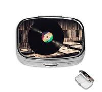 Pill Box Small Medicine Organizer with 2 Compartments Vinyl Records Pill Case for Pocket or Purse Mini Metal Pill Holder Portable Travel Pill Container to Hold Supplements Vitamins