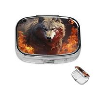Pill Box Small Medicine Organizer with 2 Compartments Wolf Burning in Fire Pill Case for Pocket or Purse Mini Metal Pill Holder Portable Travel Pill Container to Hold Supplements Vitamins