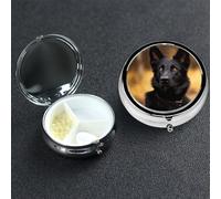 Pill Box Small Medicine Organizer with 3 Compartments Black German Shepherd Dog Pill Case for Pocket or Purse Mini Metal Pills Holder Portable Travel Pills Container to Hold Supplements Vitamins