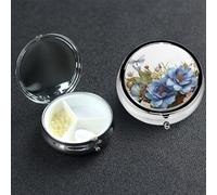 Pill Box Small Medicine Organizer with 3 Compartments Blue Flowers and Dragonfly Pill Case for Pocket or Purse Mini Metal Pills Holder Portable Travel Pills Container to Hold Supplements Vitamins