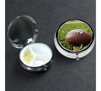 Pill Box Small Medicine Organizer with 3 Compartments Brown Football Green Grass Pill Case for Pocket or Purse Mini Metal Pills Holder Portable Travel Pills Container to Hold Supplements Vitamins