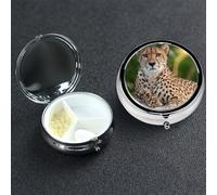 Pill Box Small Medicine Organizer with 3 Compartments Cheetah Sitting Pill Case for Pocket or Purse Mini Metal Pills Holder Portable Travel Pills Container to Hold Supplements Vitamins