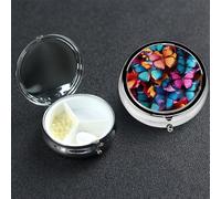 Pill Box Small Medicine Organizer with 3 Compartments Colorful Butterflies Pill Case for Pocket or Purse Mini Metal Pills Holder Portable Travel Pills Container to Hold Supplements Vitamins