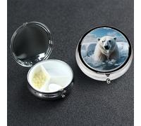 Pill Box Small Medicine Organizer with 3 Compartments Cool Animal White Polar Bear Pill Case for Pocket or Purse Mini Metal Pills Holder Portable Travel Pills Container to Hold Supplements Vitamins