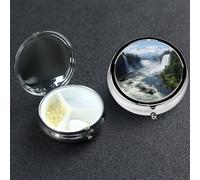 Pill Box Small Medicine Organizer with 3 Compartments Falls and Mountain Forest Pill Case for Pocket or Purse Mini Metal Pills Holder Portable Travel Pills Container to Hold Supplements Vitamins