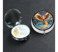 Pill Box Small Medicine Organizer with 3 Compartments Fire and Water Phoenix Pill Case for Pocket or Purse Mini Metal Pills Holder Portable Travel Pills Container to Hold Supplements Vitamins