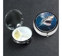 Pill Box Small Medicine Organizer with 3 Compartments Great White Shark Opens Mouth Pill Case for Pocket or Purse Mini Metal Pills Holder Portable Travel Pills Container to Hold Supplements Vitamins