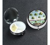 Pill Box Small Medicine Organizer with 3 Compartments Hawaii Palm Tree Pill Case for Pocket or Purse Mini Metal Pills Holder Portable Travel Pills Container to Hold Supplements Vitamins