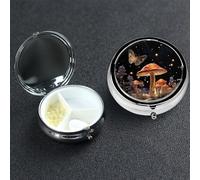 Pill Box Small Medicine Organizer with 3 Compartments Mushrooms and Butterflies Pill Case for Pocket or Purse Mini Metal Pills Holder Portable Travel Pills Container to Hold Supplements Vitamins