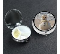 Pill Box Small Medicine Organizer with 3 Compartments Sand Snowman on Beach Pill Case for Pocket or Purse Mini Metal Pills Holder Portable Travel Pills Container to Hold Supplements Vitamins