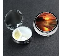 Pill Box Small Medicine Organizer with 3 Compartments Sunset on The Beach Pill Case for Pocket or Purse Mini Metal Pills Holder Portable Travel Pills Container to Hold Supplements Vitamins
