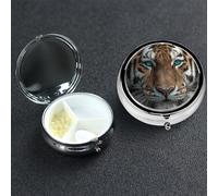 Pill Box Small Medicine Organizer with 3 Compartments Tiger with Teal Eyes Pill Case for Pocket or Purse Mini Metal Pills Holder Portable Travel Pills Container to Hold Supplements Vitamins