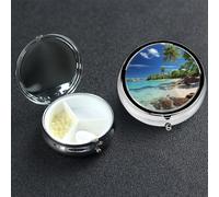 Pill Box Small Medicine Organizer with 3 Compartments Tropical Paradise Pill Case for Pocket or Purse Mini Metal Pills Holder Portable Travel Pills Container to Hold Supplements Vitamins