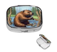 Pill Box Small Pill Case 2 Compartment Cute Medicine Organizer Busy Beaver Cartoon Travel Pillbox Portable Pill Container Holder Vitamin Organizer to Hold Fish Oils Supplements