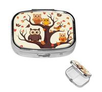 Pill Box Small Pill Case 2 Compartment Cute Medicine Organizer Cartoon Family Owls On The Brown Tree Travel Pillbox Portable Pill Container Holder Vitamin Organizer to Hold Fish Oils Supplements