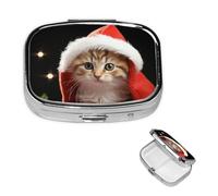Pill Box Small Pill Case 2 Compartment Cute Medicine Organizer Cute Christmas cat Travel Pillbox Portable Pill Container Holder Vitamin Organizer to Hold Fish Oils Supplements