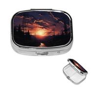 Pill Box Small Pill Case 2 Compartment Cute Medicine Organizer Dusk Scenery Travel Pillbox Portable Pill Container Holder Vitamin Organizer to Hold Fish Oils Supplements