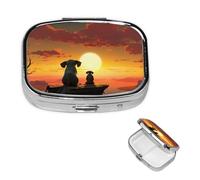 Pill Box Small Pill Case 2 Compartment Cute Medicine Organizer Elephant and Dog Watch The Sunset Travel Pillbox Portable Pill Container Holder Vitamin Organizer to Hold Fish Oils Supplements