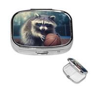 Pill Box Small Pill Case 2 Compartment Cute Medicine Organizer Funny Raccoon Basketball Travel Pillbox Portable Pill Container Holder Vitamin Organizer to Hold Fish Oils Supplements