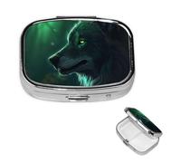 Pill Box Small Pill Case 2 Compartment Cute Medicine Organizer Green Wolf Travel Pillbox Portable Pill Container Holder Vitamin Organizer to Hold Fish Oils Supplements