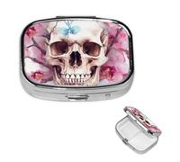 Pill Box Small Pill Case 2 Compartment Cute Medicine Organizer Human Skull Flowers Travel Pillbox Portable Pill Container Holder Vitamin Organizer to Hold Fish Oils Supplements