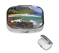 Pill Box Small Pill Case 2 Compartment Cute Medicine Organizer Kauai Hawaii Seashore Travel Pillbox Portable Pill Container Holder Vitamin Organizer to Hold Fish Oils Supplements
