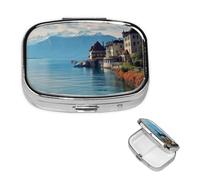 Pill Box Small Pill Case 2 Compartment Cute Medicine Organizer Lake Geneva Switzerland Travel Pillbox Portable Pill Container Holder Vitamin Organizer to Hold Fish Oils Supplements