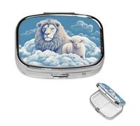 Pill Box Small Pill Case 2 Compartment Cute Medicine Organizer Lamb with A Lion On The Clouds Travel Pillbox Portable Pill Container Holder Vitamin Organizer to Hold Fish Oils Supplements